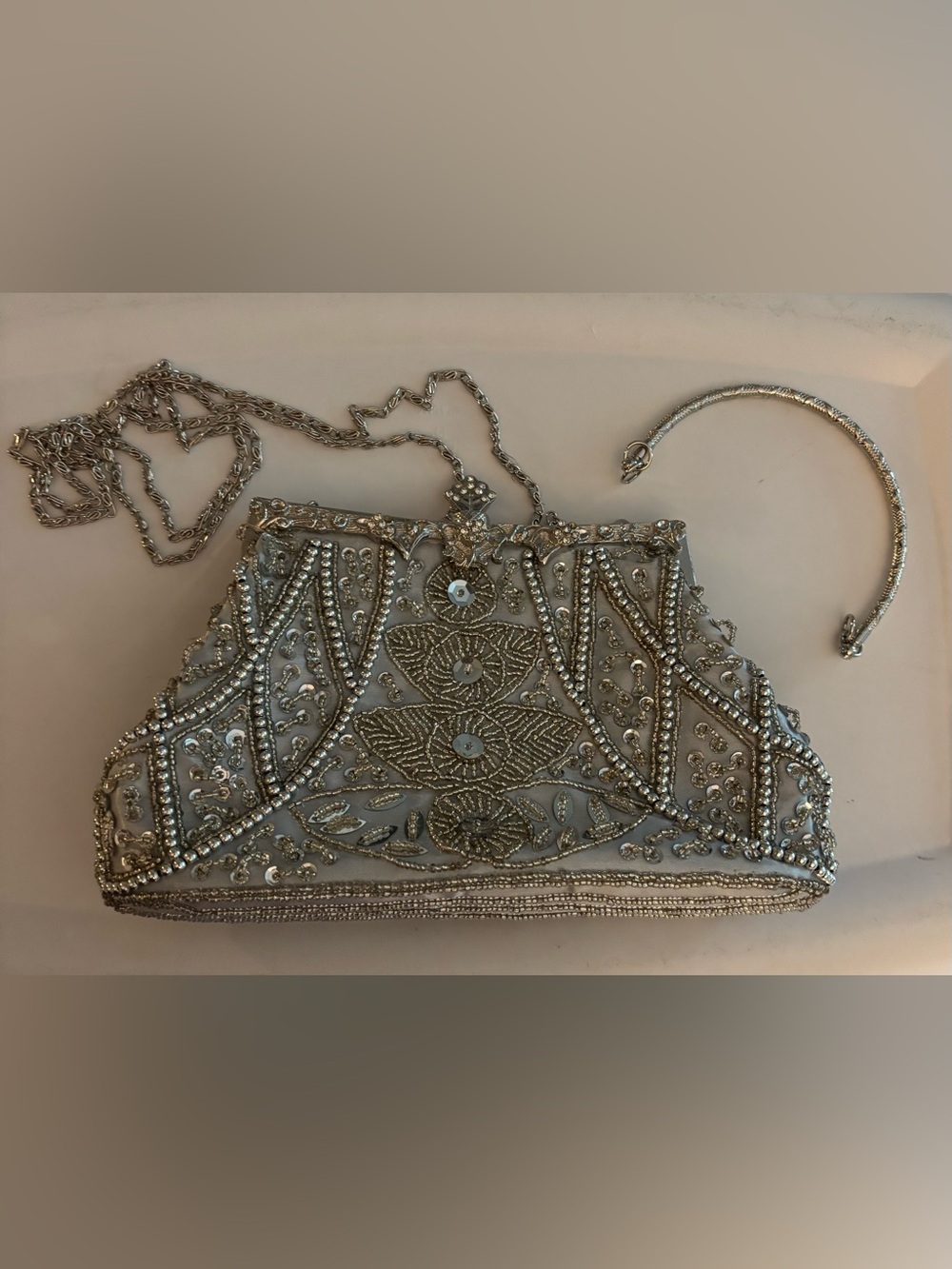 Silver Beaded Evening Clutch with Decorative Embroidery